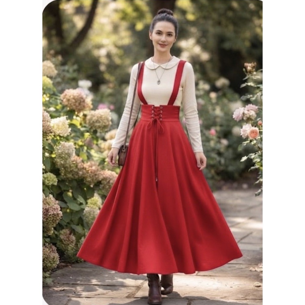 Pinafore Solid Red Dress for Women A Line Suspender Skirt NEW Size XL